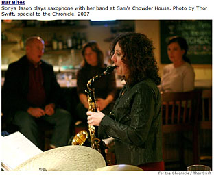 Sonya Jason plays saxophone at Sam's Chowder House